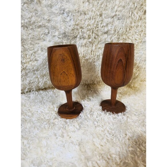 Vintage Hand-Carved Wooden Wine Goblets Set Of Two - Picture 3 of 11